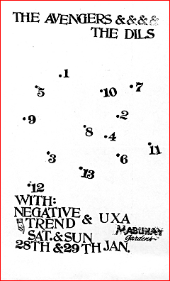 gig flyer of THE AVENGERS January 28th and 29th, 1978 appearance at Mabuhay Gardens, San Francisco, CA